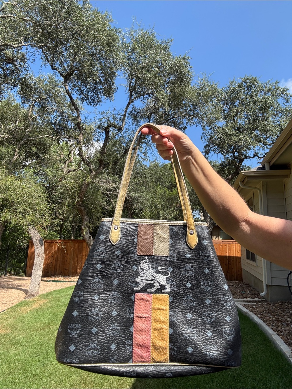 MCM Black Leather Shoulder Bag with Tan, Red and Gold Panels